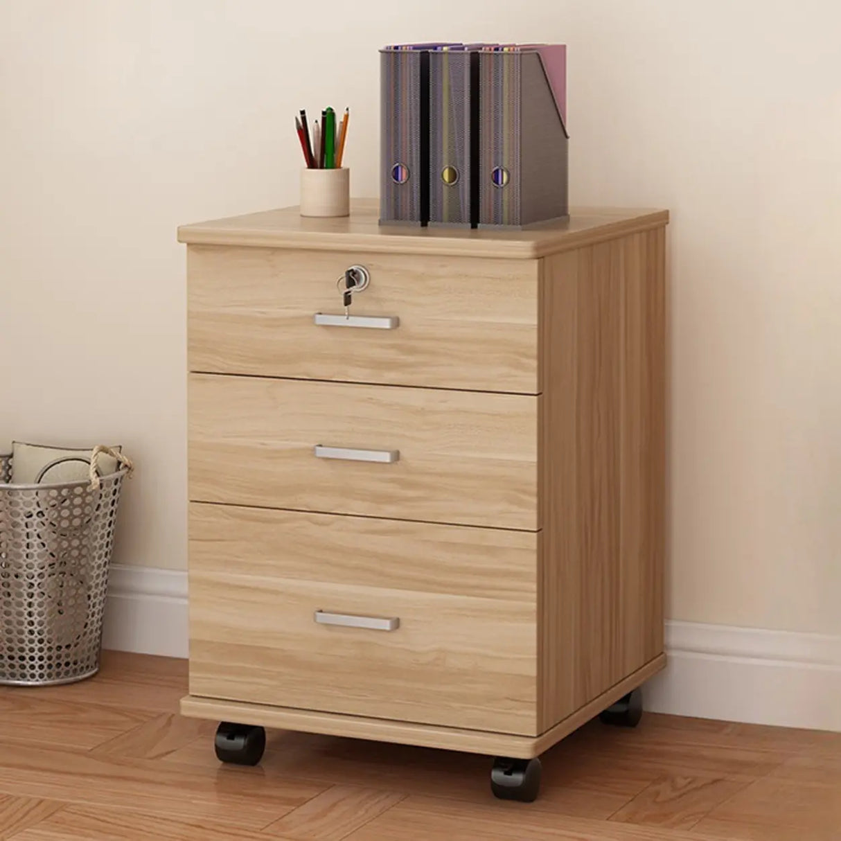 Lockable Mobile Wood Short Light Walnut Filing Cabinet Image - 23