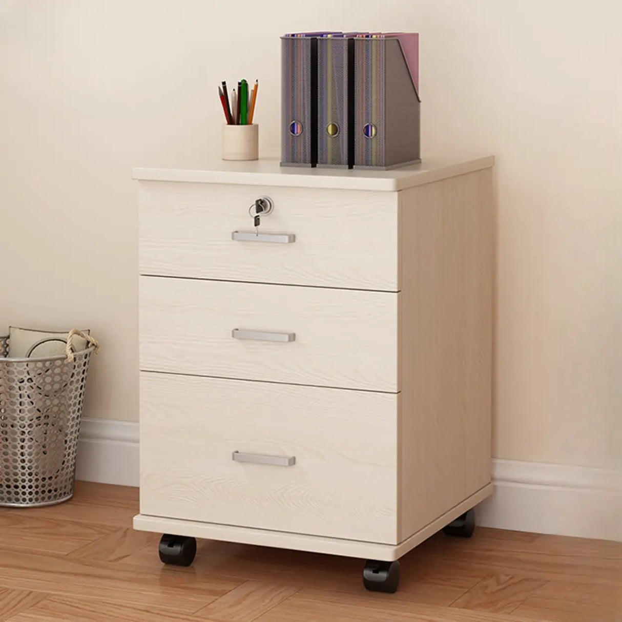Lockable Mobile Wood Short Light Walnut Filing Cabinet Image - 24
