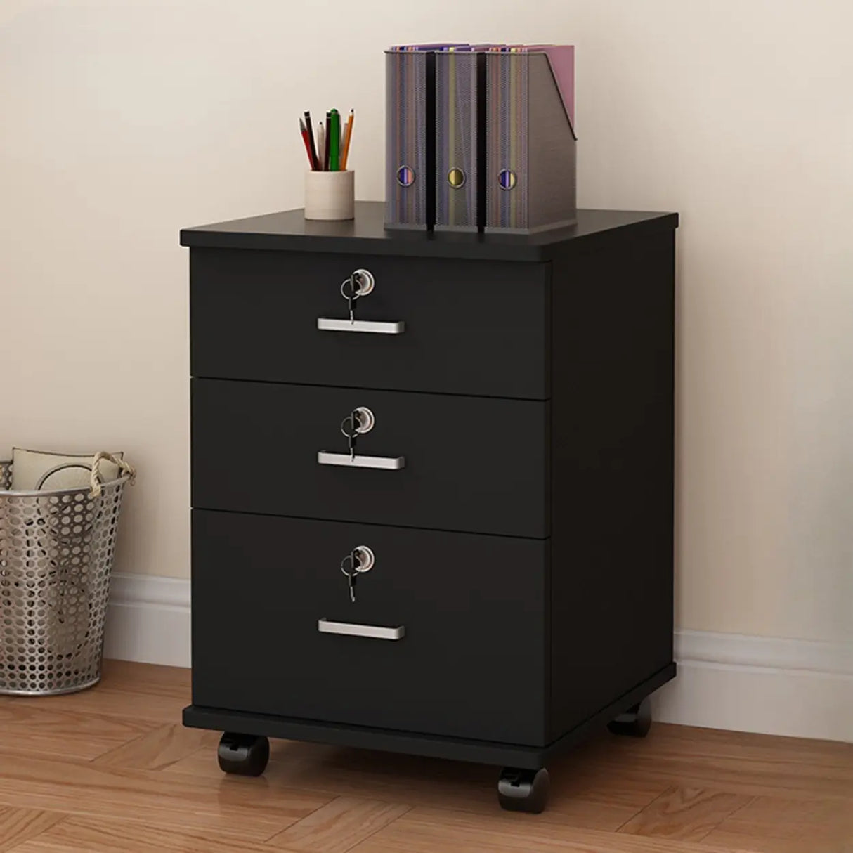 Lockable Mobile Wood Short Light Walnut Filing Cabinet Image - 25