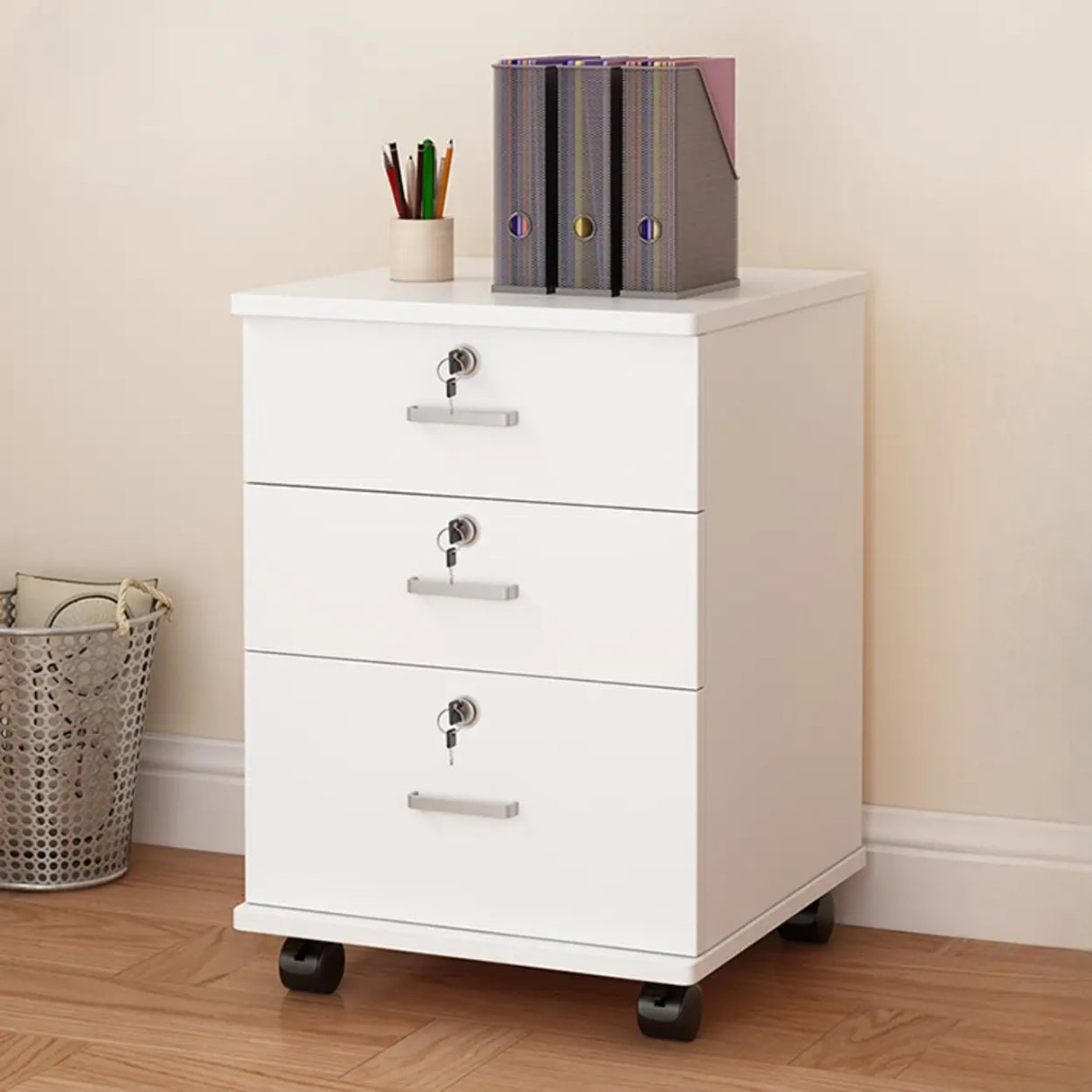 Lockable Mobile Wood Short Light Walnut Filing Cabinet Image - 26