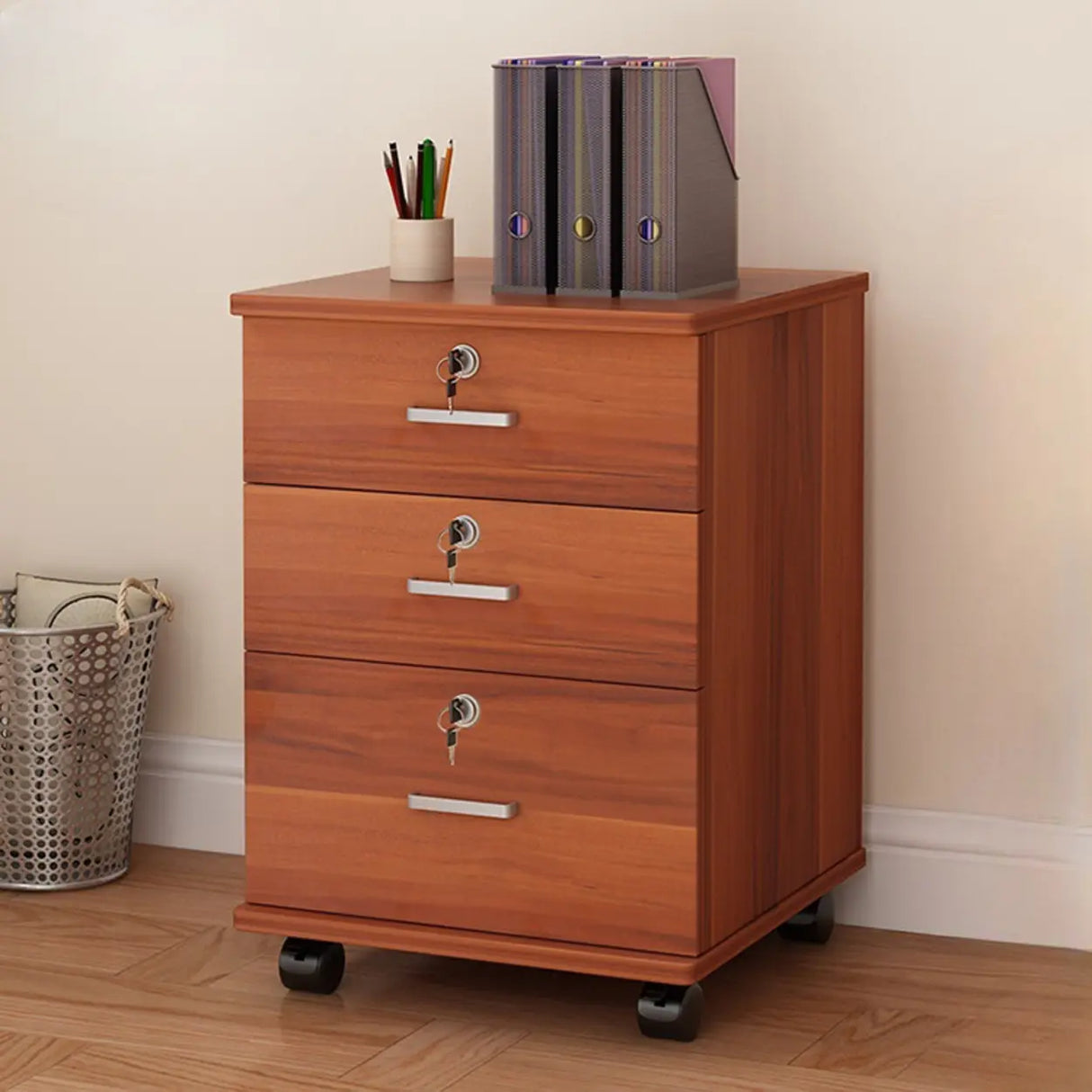 Lockable Mobile Wood Short Light Walnut Filing Cabinet Image - 28