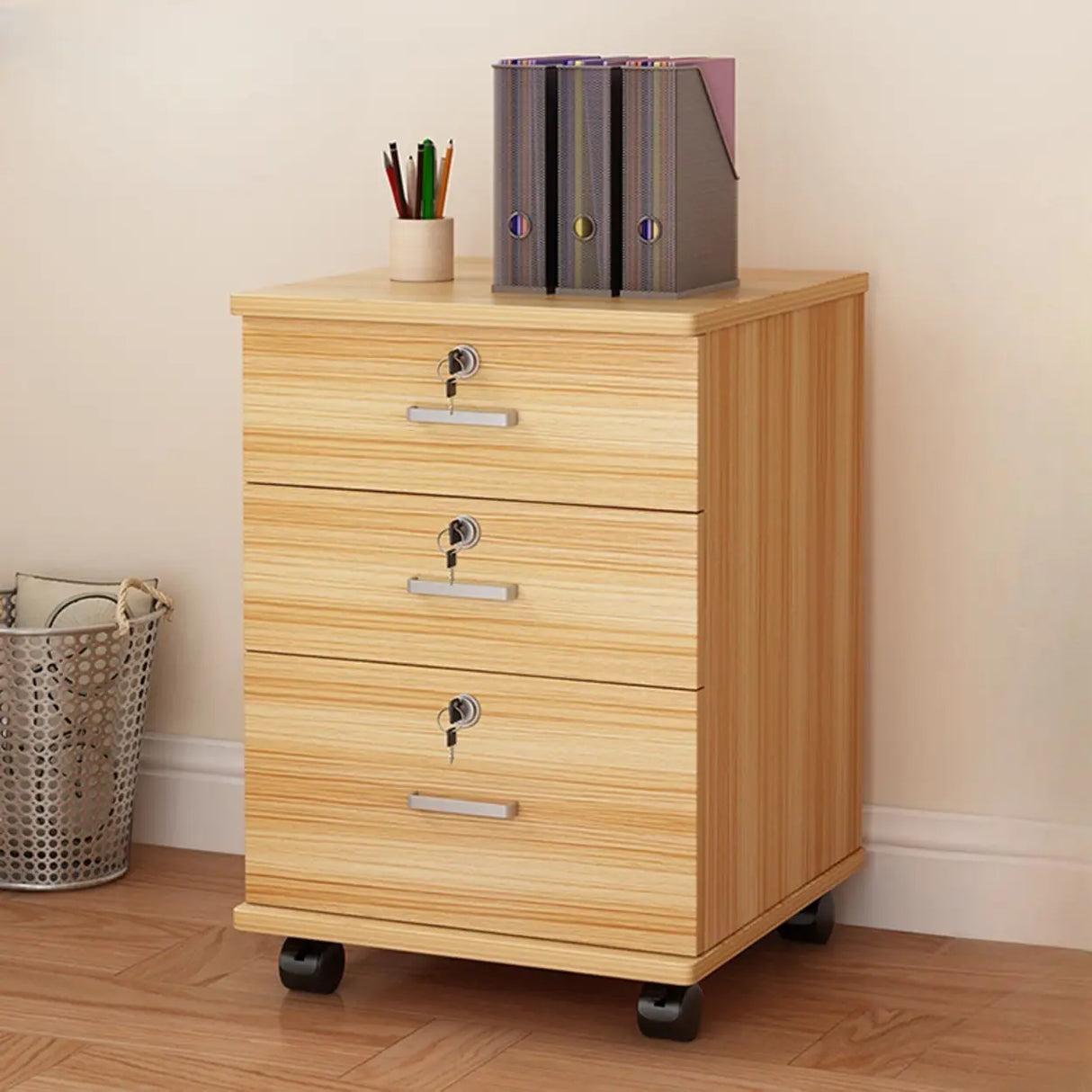 Lockable Mobile Wood Short Light Walnut Filing Cabinet Image - 29