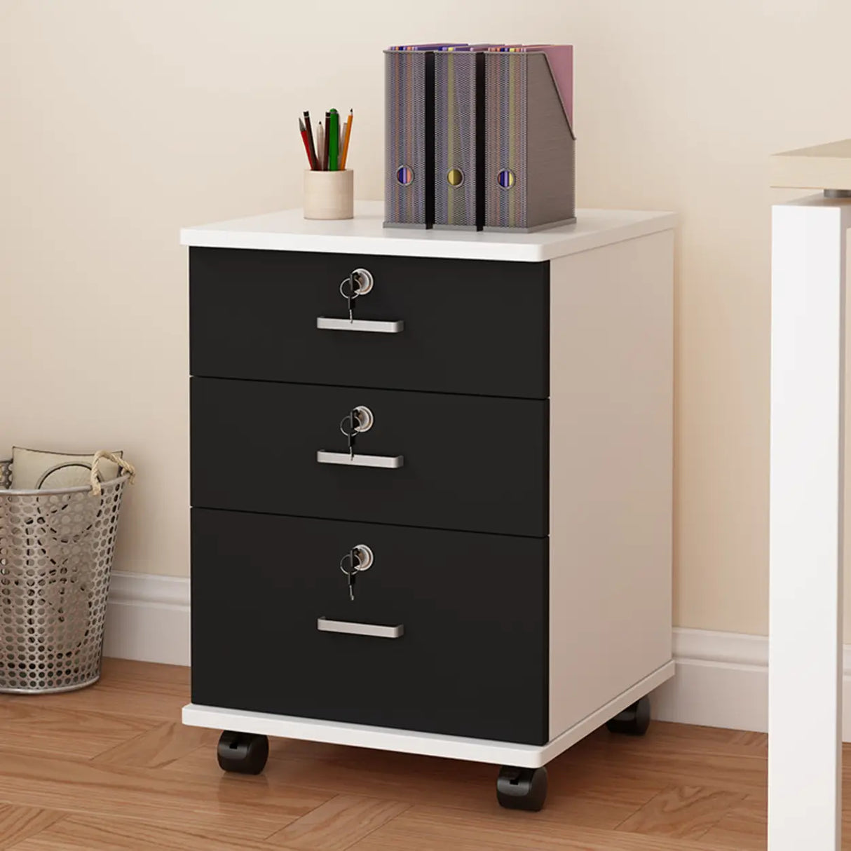 Lockable Mobile Wood Short Light Walnut Filing Cabinet Image - 30