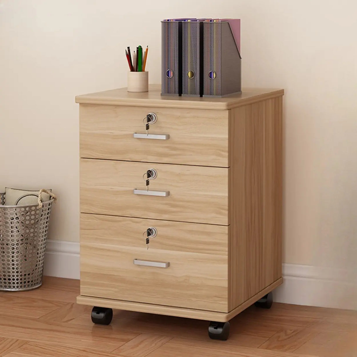 Lockable Mobile Wood Short Light Walnut Filing Cabinet Image - 31
