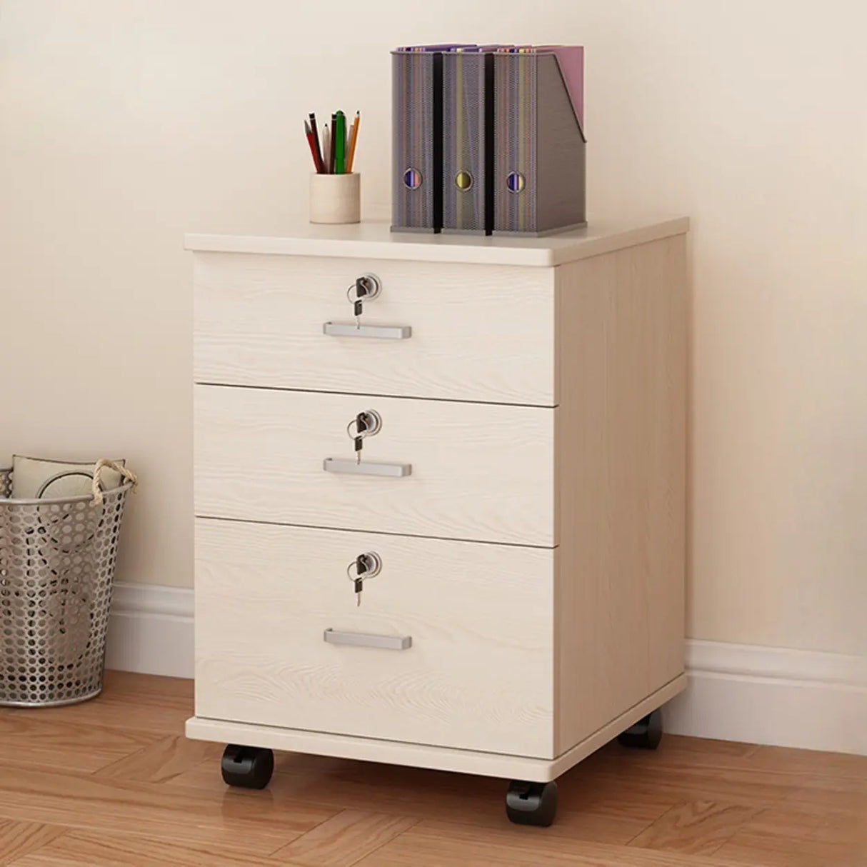 Lockable Mobile Wood Short Light Walnut Filing Cabinet Image - 32