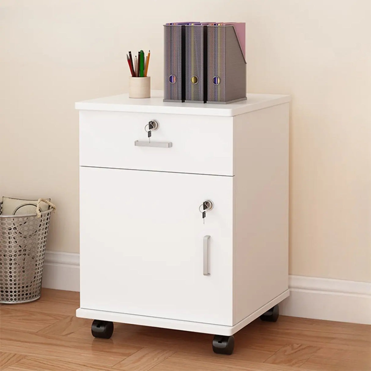 Lockable Mobile Wood Short Light Walnut Filing Cabinet Image - 4