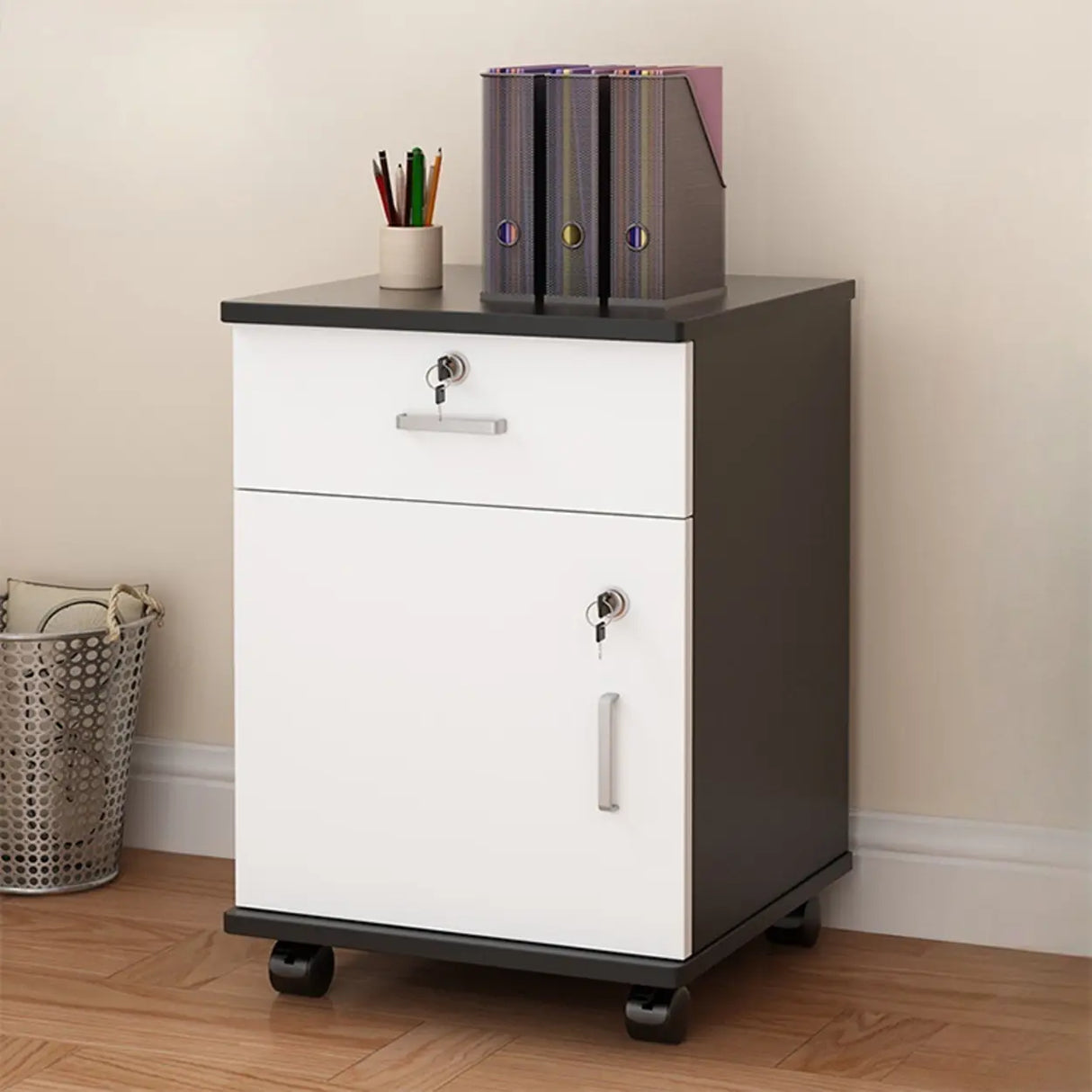 Lockable Mobile Wood Short Light Walnut Filing Cabinet Image - 5