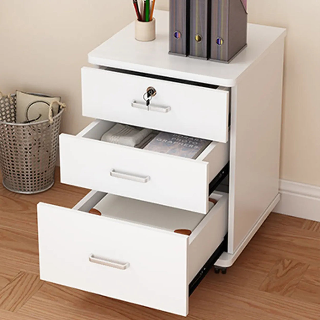 Lockable Mobile Wood Short Light Walnut Filing Cabinet Image - 6