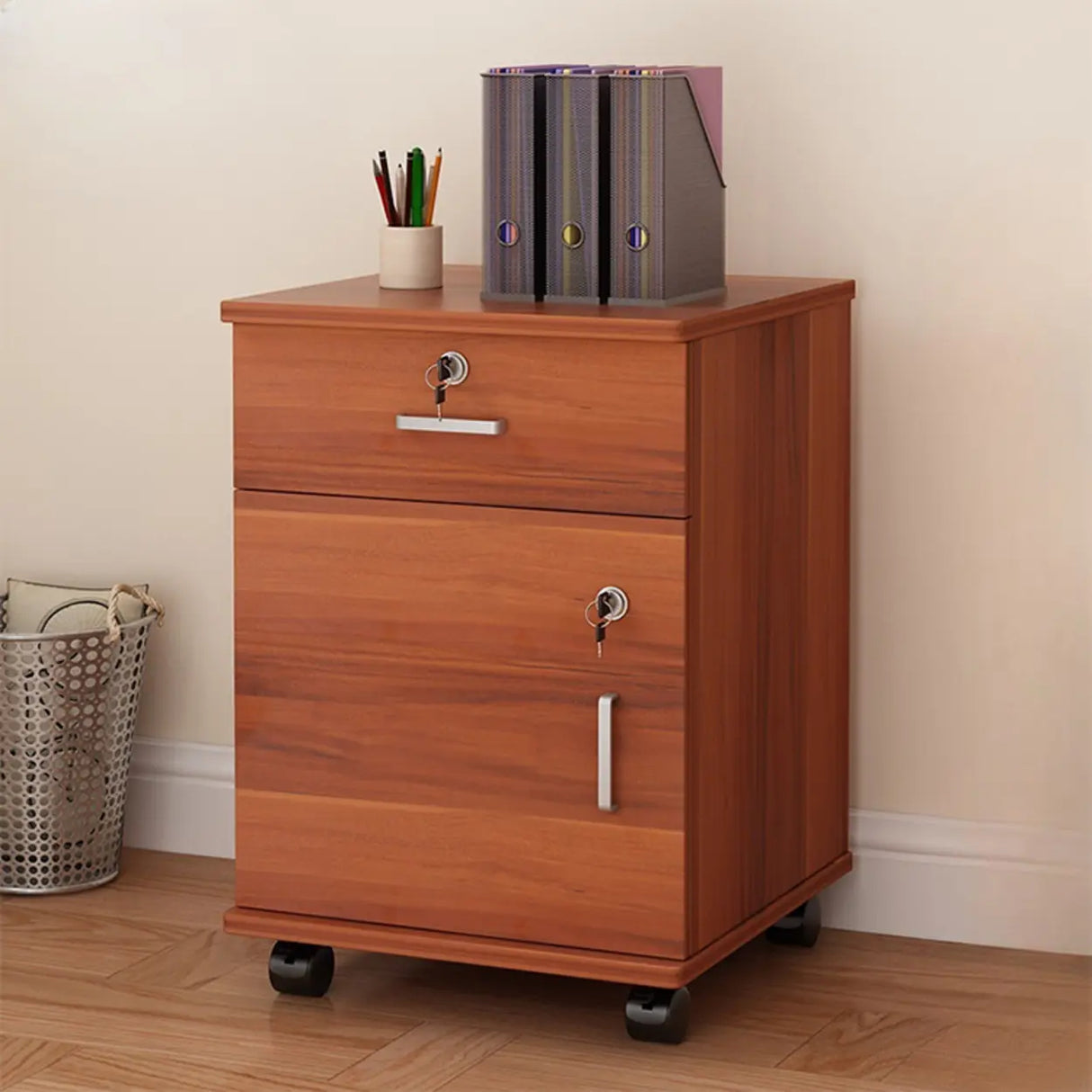 Lockable Mobile Wood Short Light Walnut Filing Cabinet Image - 8