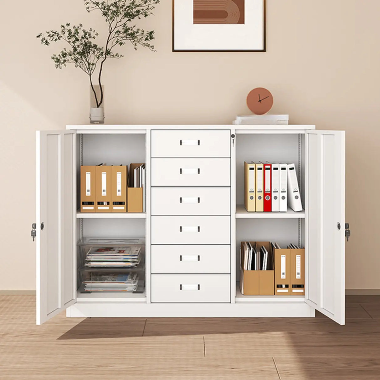 Lockable White Storage Vertical Filing Cabinet with Doors Image - 1