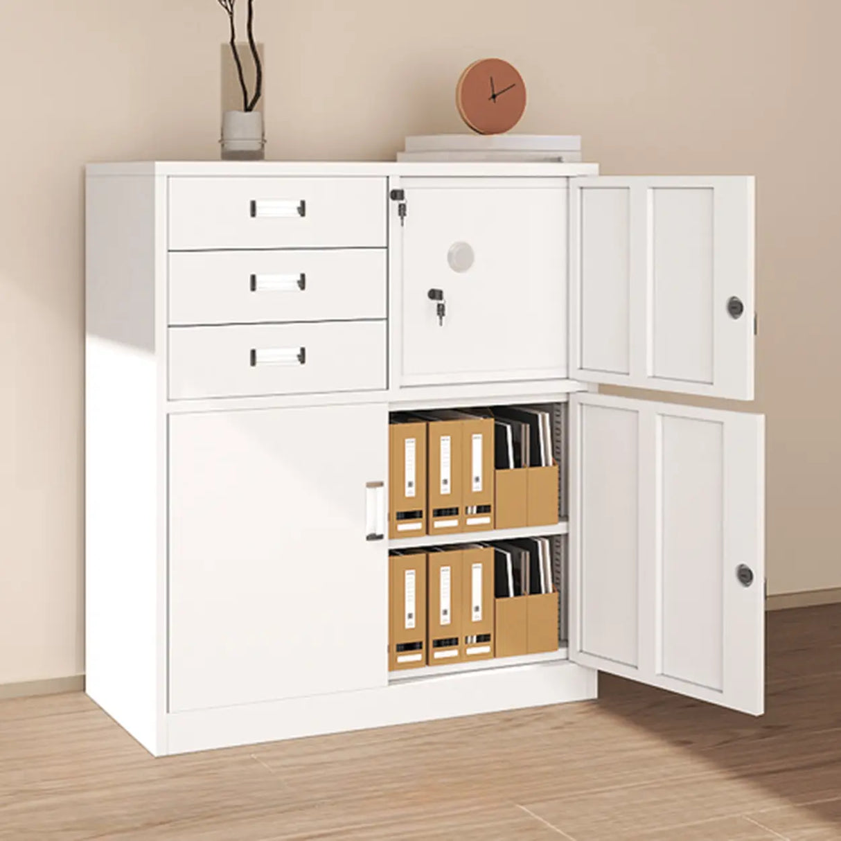 Lockable White Storage Vertical Filing Cabinet with Doors Image - 7