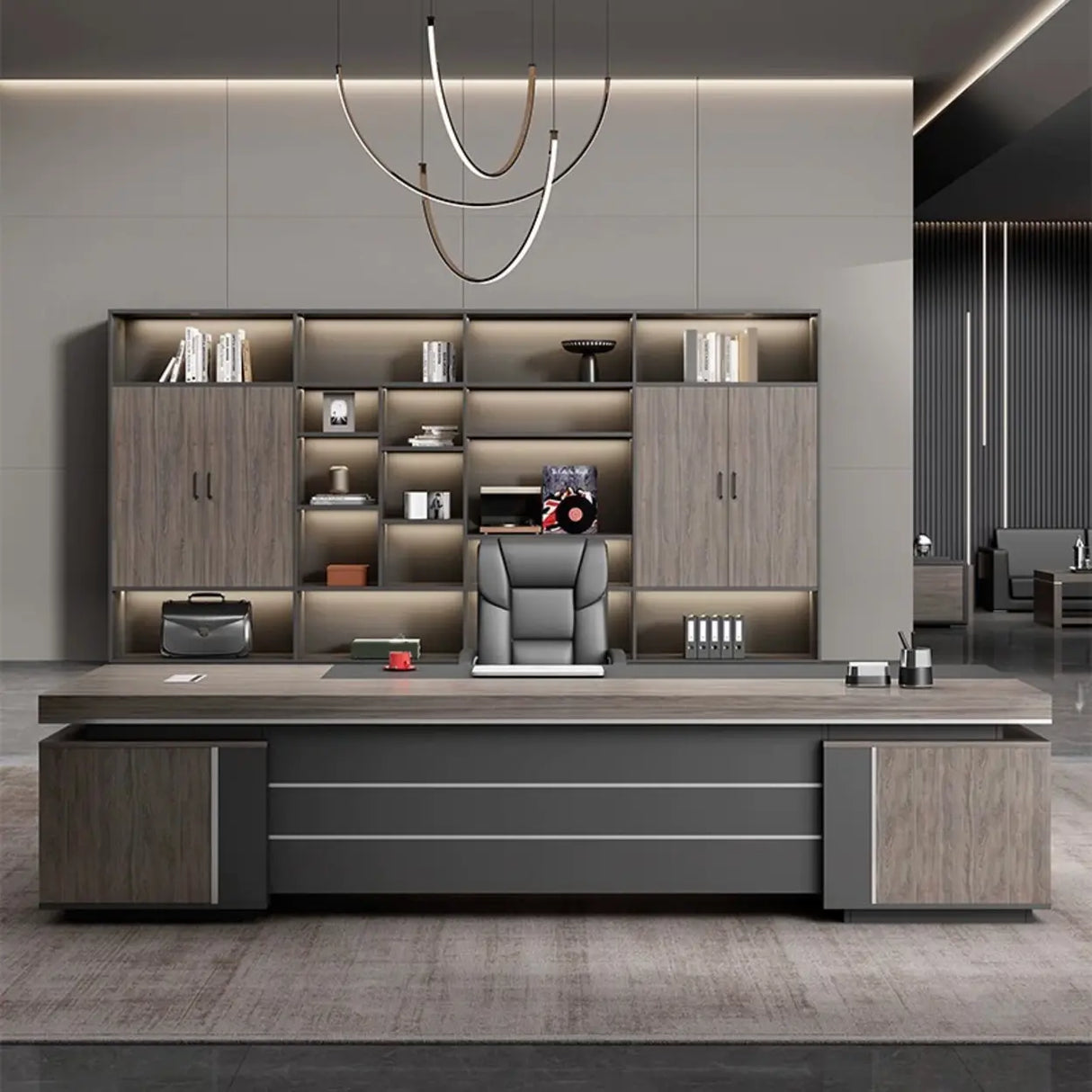 Long Brown Wood L-Shape Black Base Executive Desk Image - 1