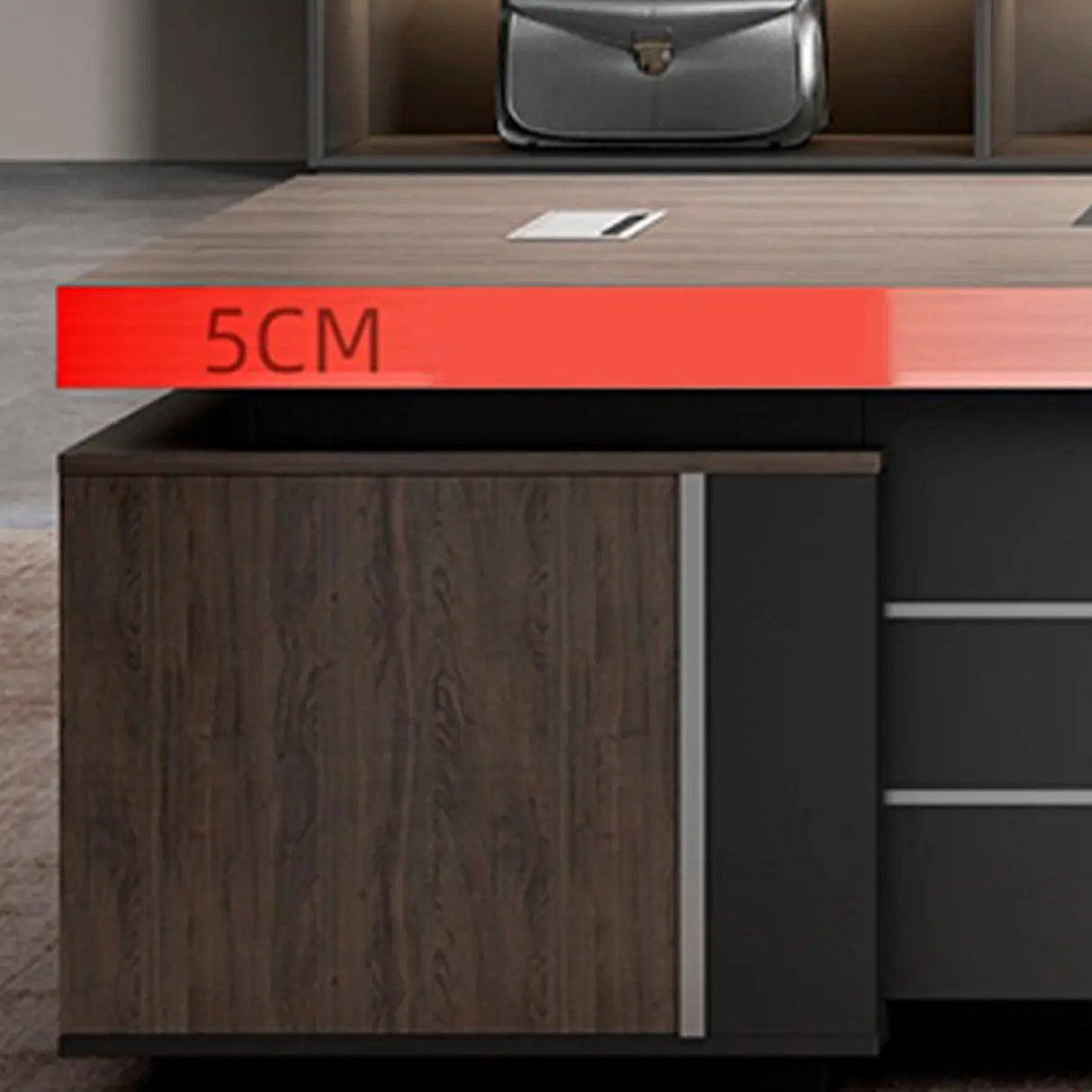 Long Brown Wood L-Shape Black Base Executive Desk Image - 10