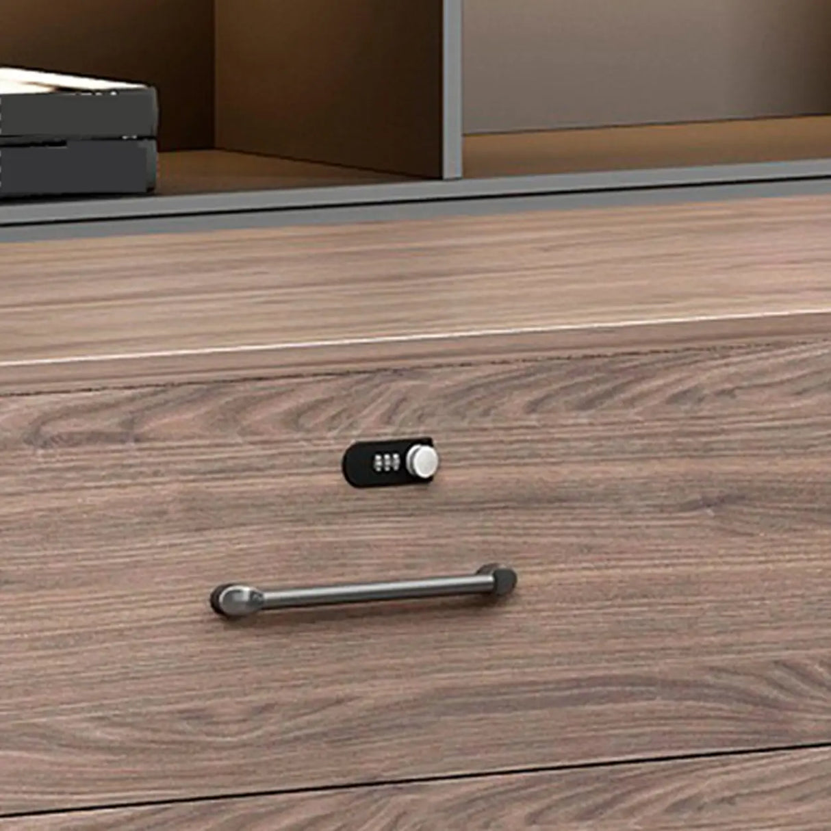 Long Brown Wood L-Shape Black Base Executive Desk Image - 11