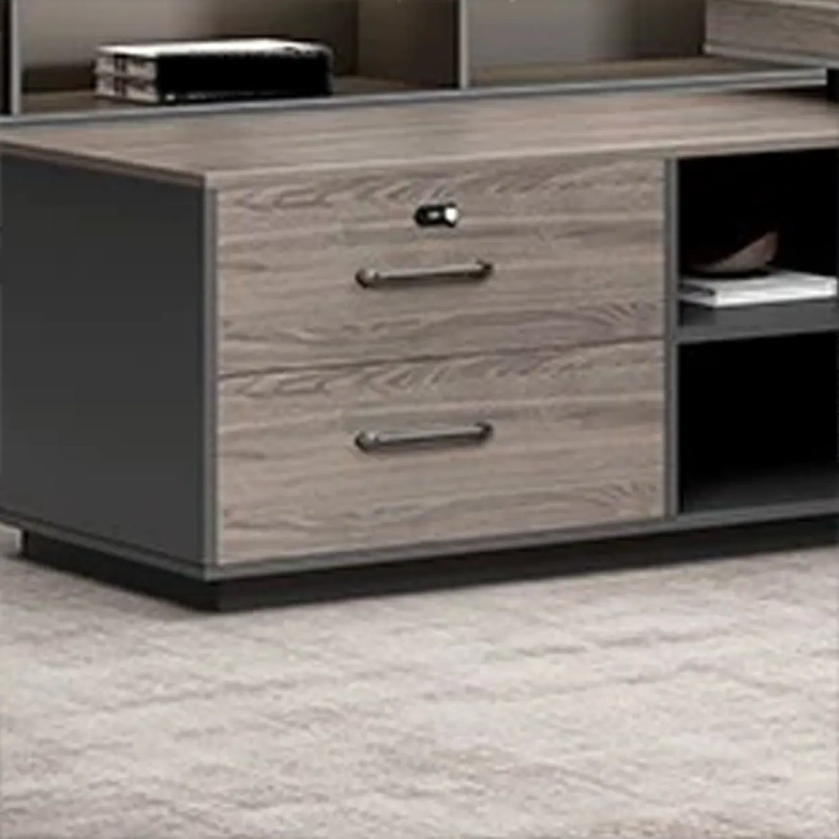 Long Brown Wood L-Shape Black Base Executive Desk Image - 12