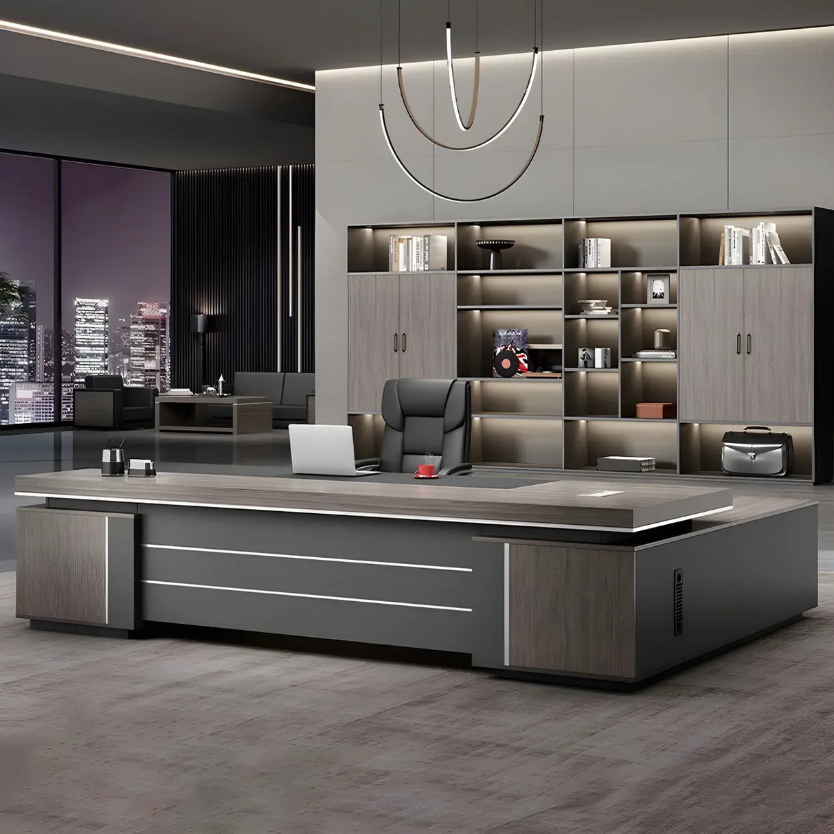 Long Brown Wood L-Shape Black Base Executive Desk Image - 2