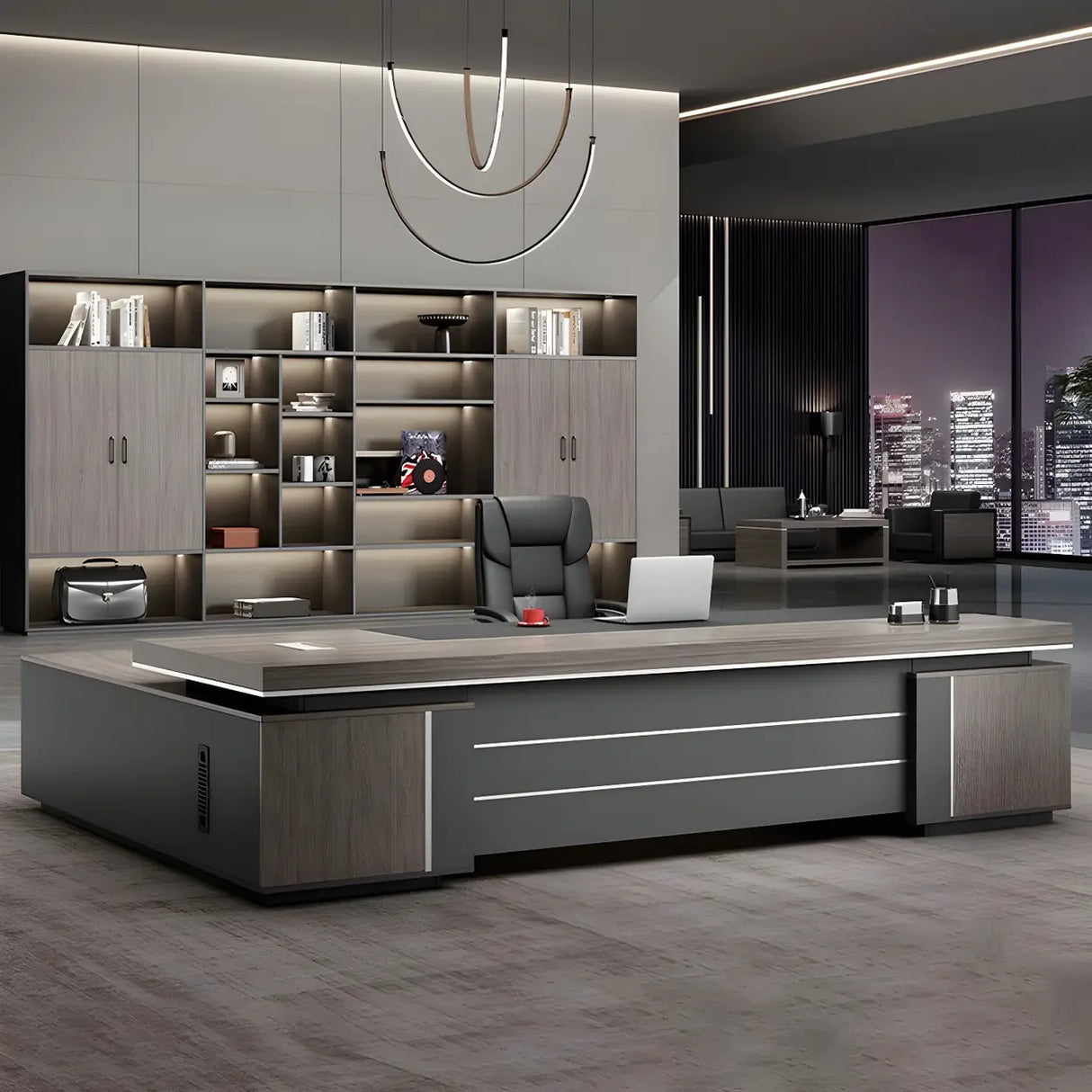 Long Brown Wood L-Shape Black Base Executive Desk Image - 3