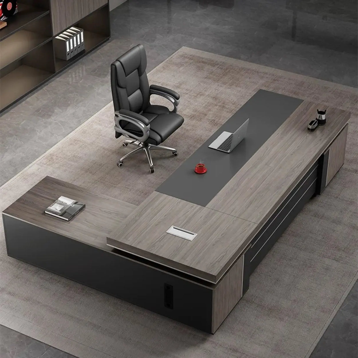 Long Brown Wood L-Shape Black Base Executive Desk Image - 4