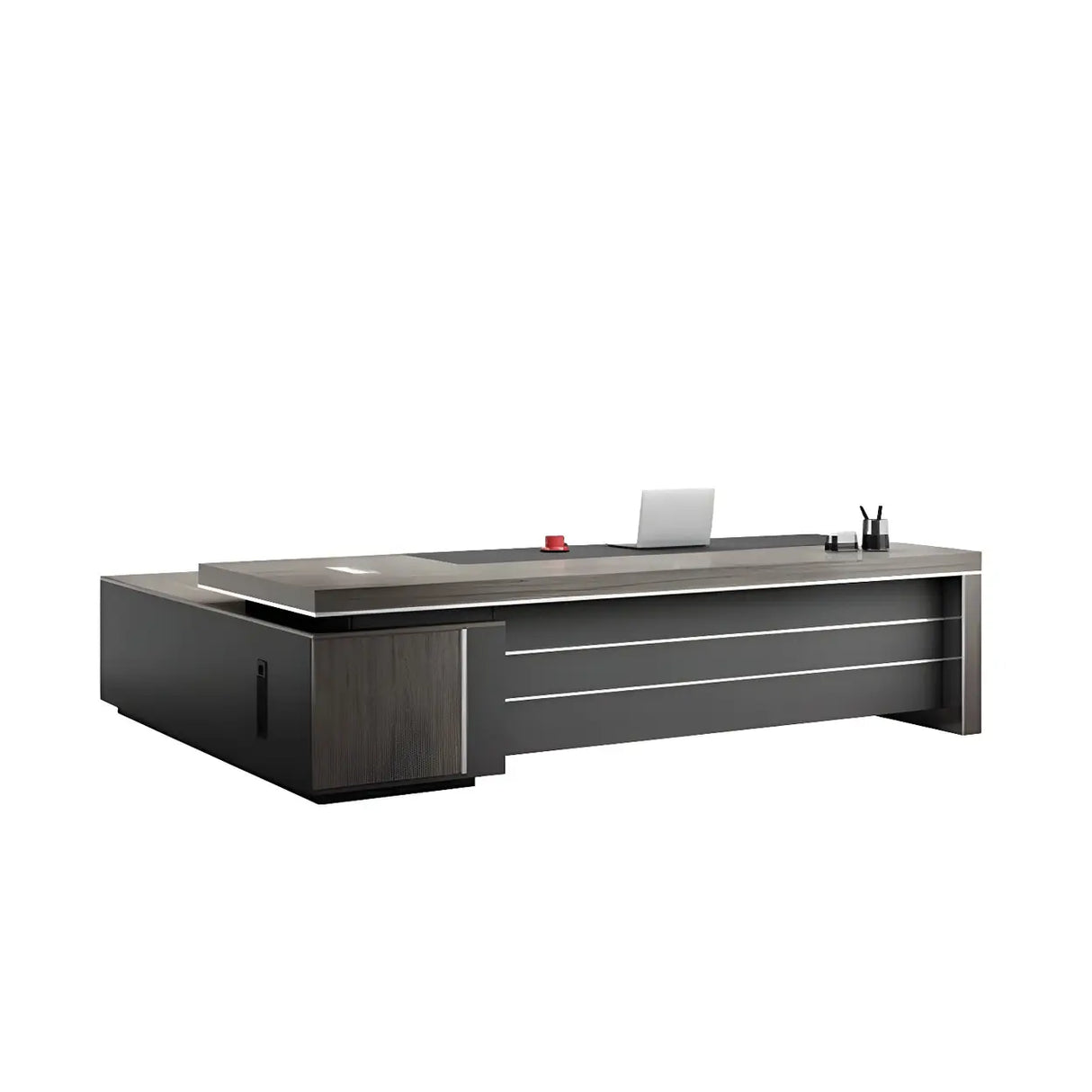 Long Brown Wood L-Shape Black Base Executive Desk Image - 5