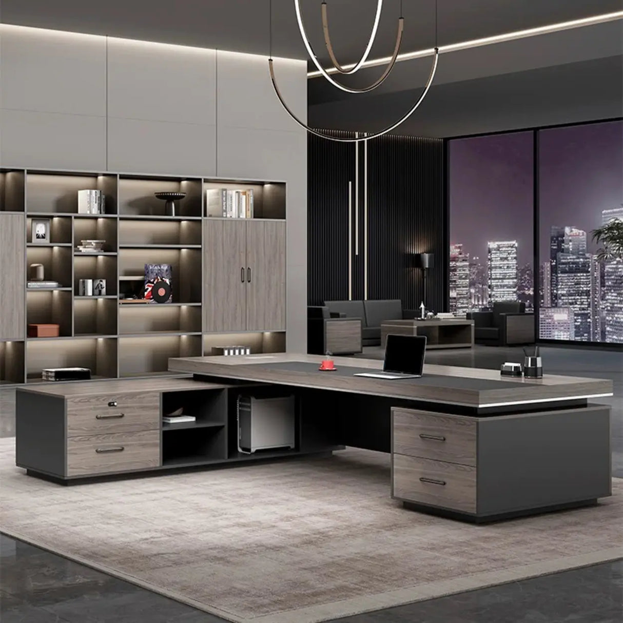 Long Brown Wood L-Shape Black Base Executive Desk Image - 6