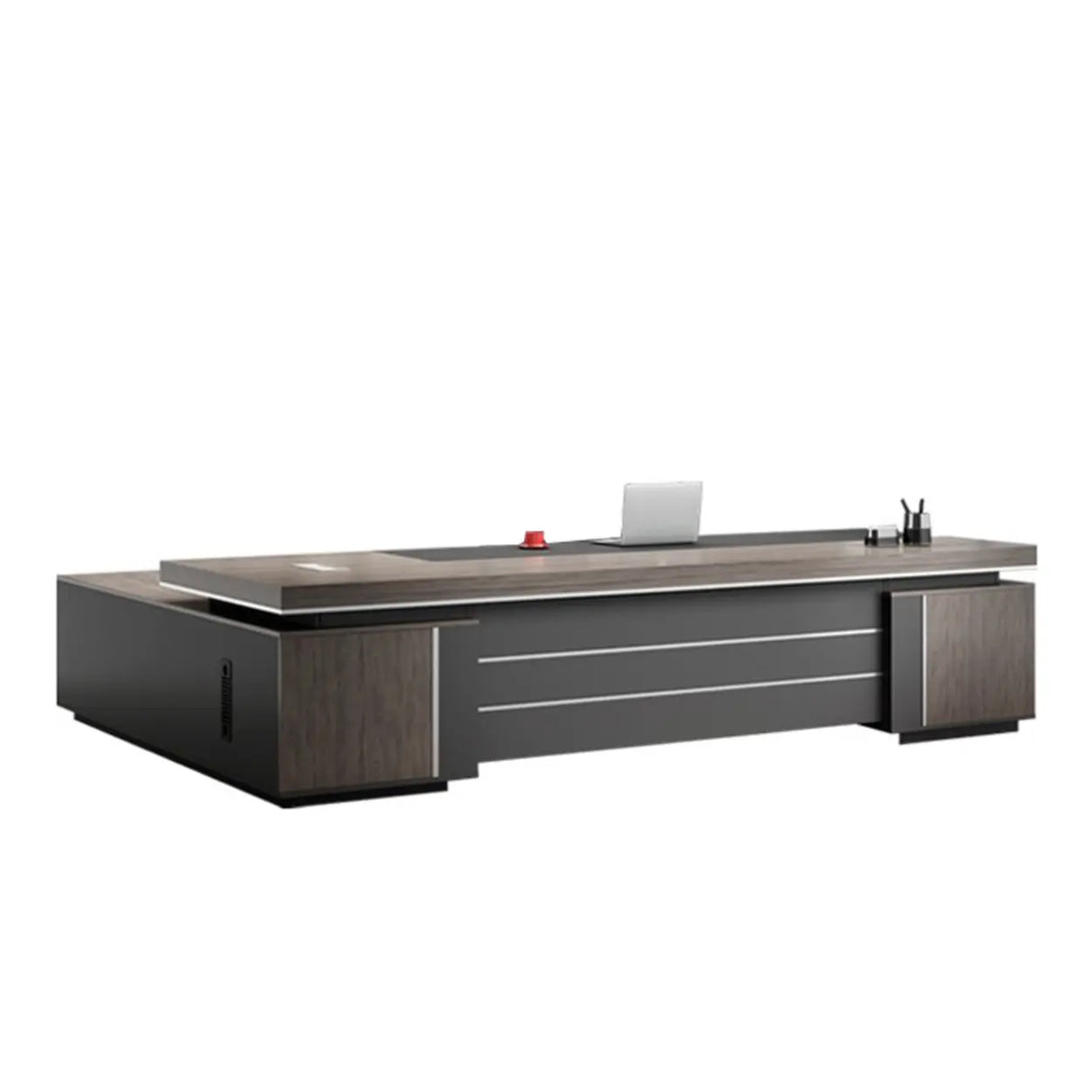 Long Brown Wood L-Shape Black Base Executive Desk Image - 9