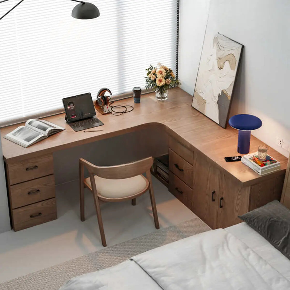 Long Butcher Block Shelf Drawers L-Shape Writing Desk Image - 3