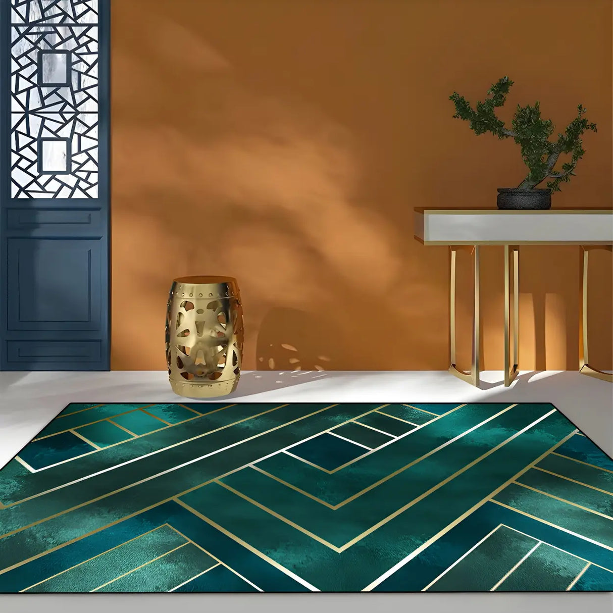 Luxurious Geometric Polyester Olive Green Area Rug Image - 3