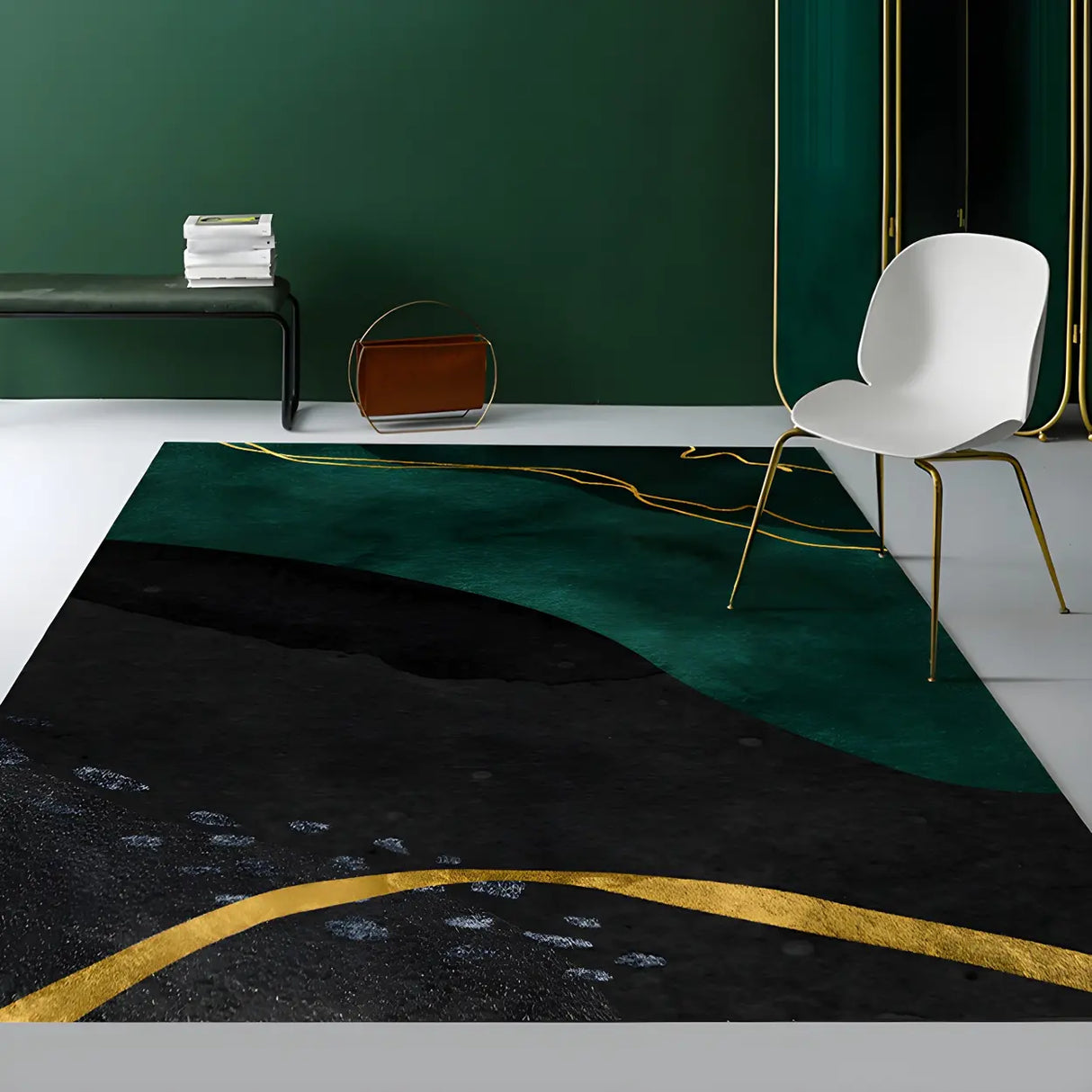 Luxurious Geometric Polyester Olive Green Area Rug Image - 4