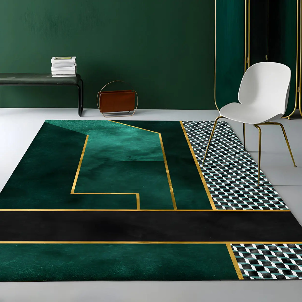 Luxurious Geometric Polyester Olive Green Area Rug Image - 5