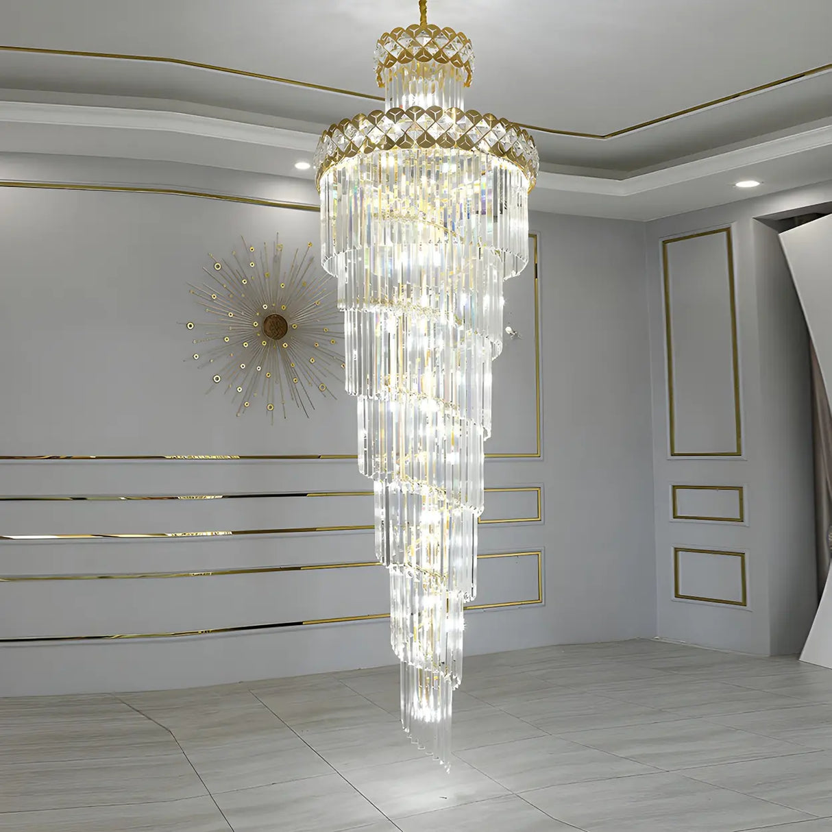 Luxurious Gold Spiral Crystal High Ceiling Chandelier Image - 14