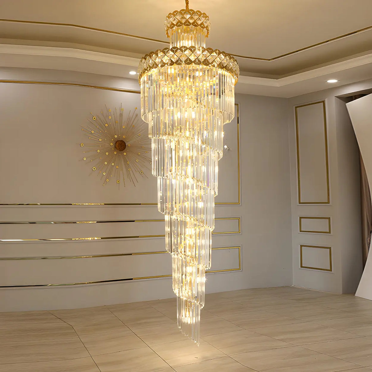 Luxurious Gold Spiral Crystal High Ceiling Chandelier Image - 16