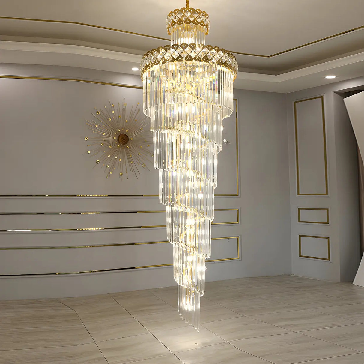 Luxurious Gold Spiral Crystal High Ceiling Chandelier Image - 2