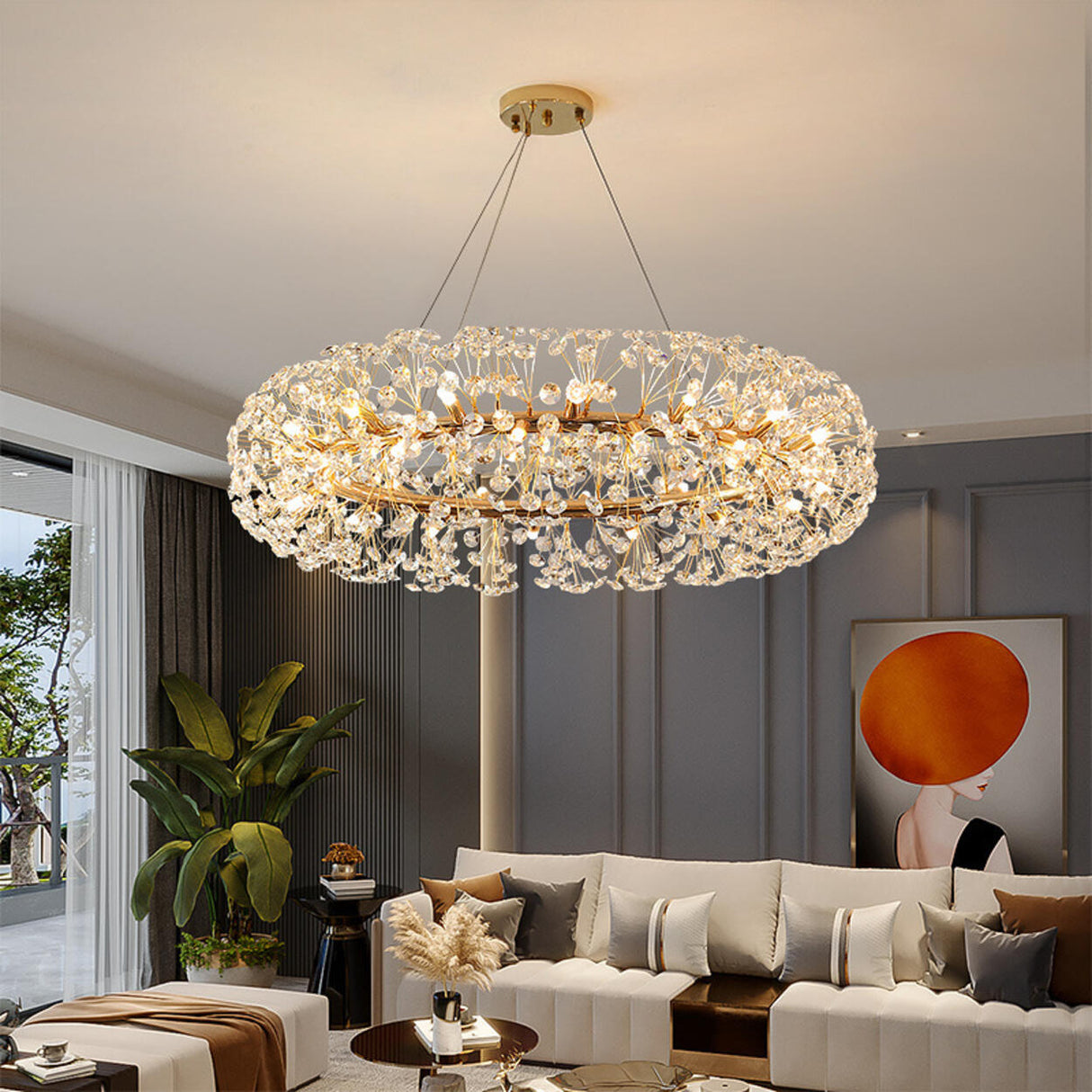 Luxurious Modern Gold Crystal Starburst Pendant Chandelier Image - 4