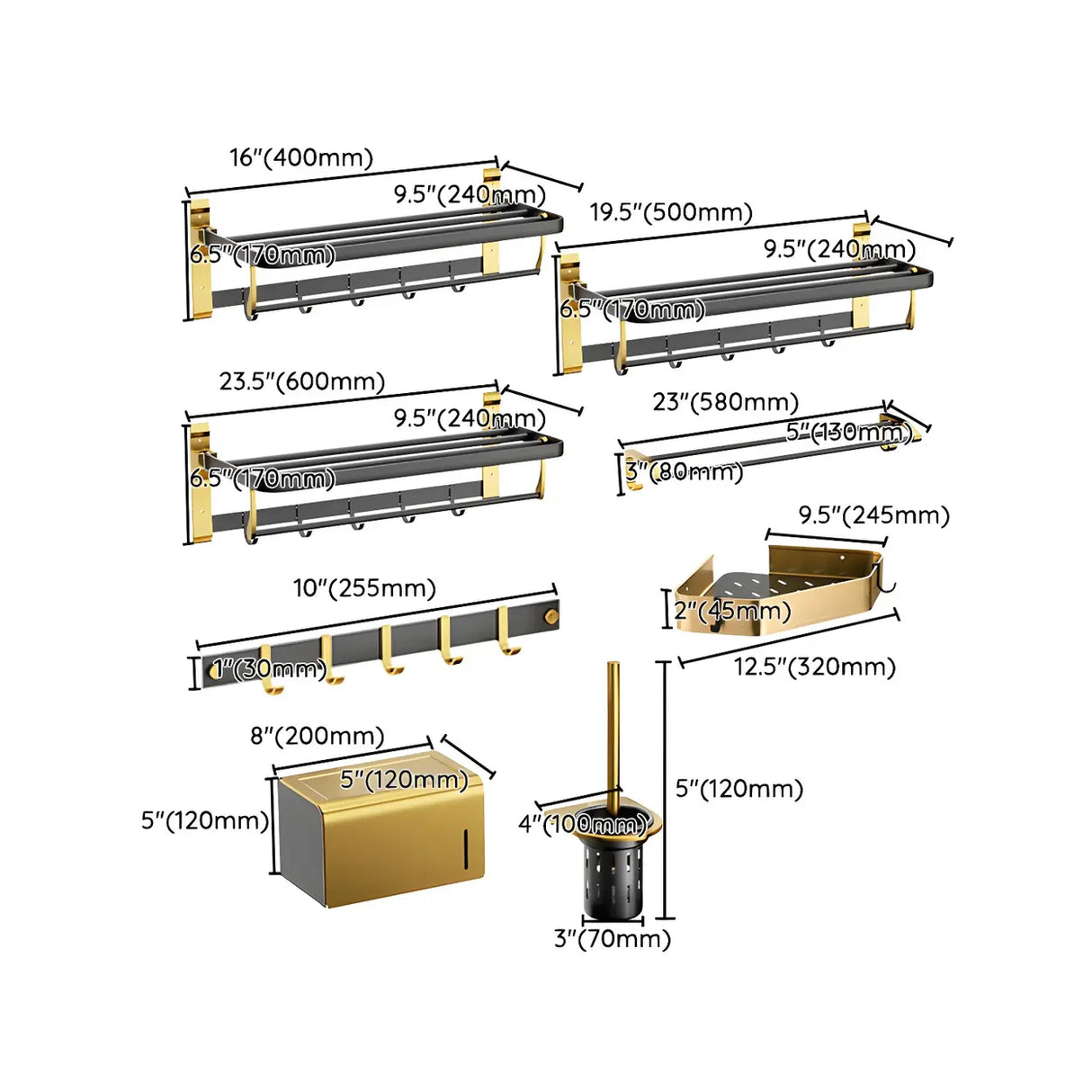 Luxurious Mounting Hardware Black-Gold Bathroom Storage Set