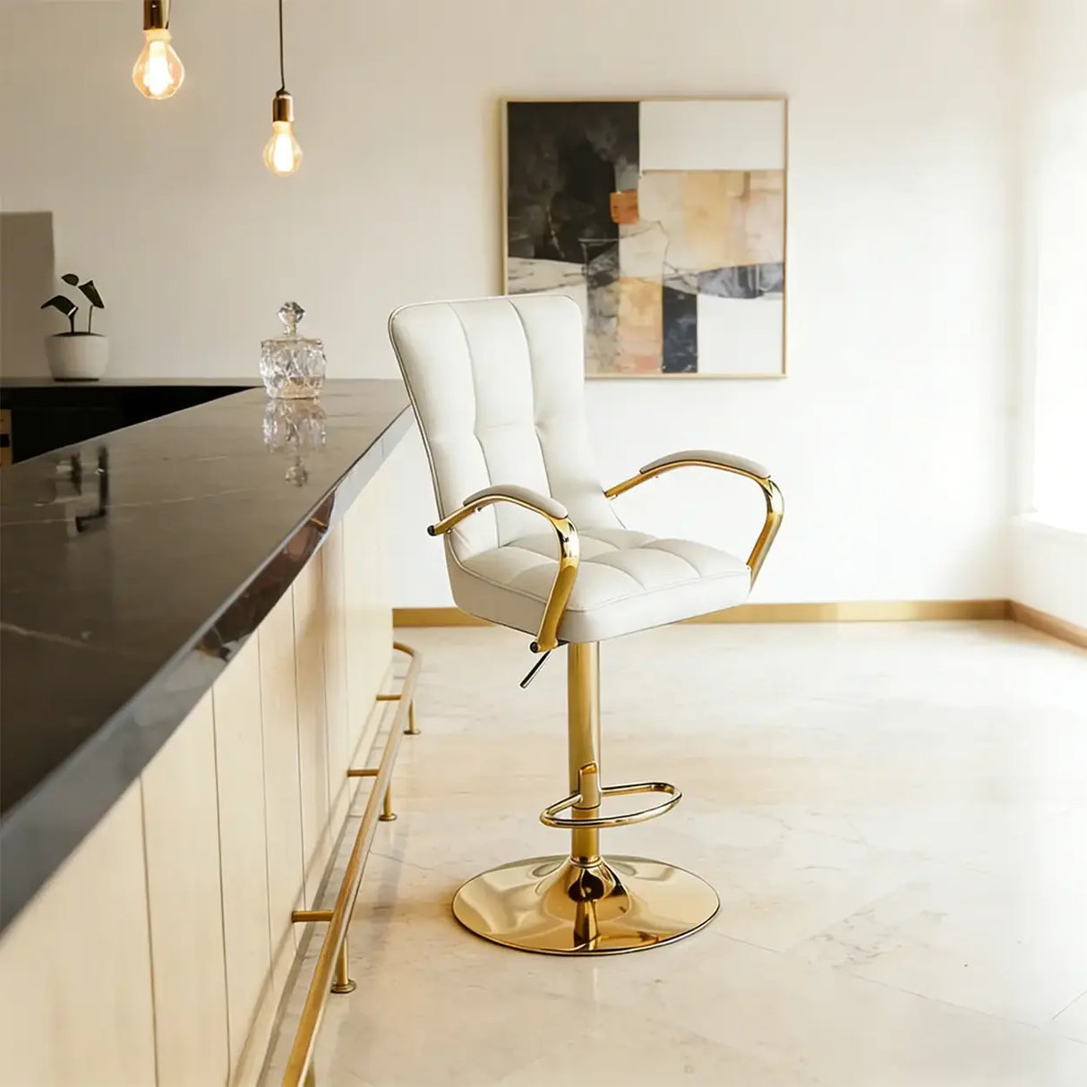 Luxury Adjustable Swivel Faux Leather Bar Stool With Arms Image - 3