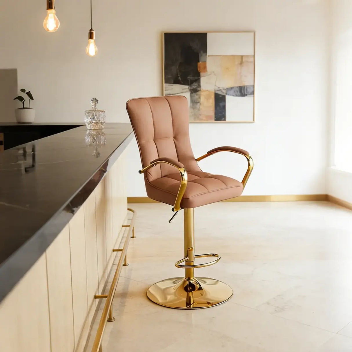 Luxury Adjustable Swivel Faux Leather Bar Stool With Arms Image - 4