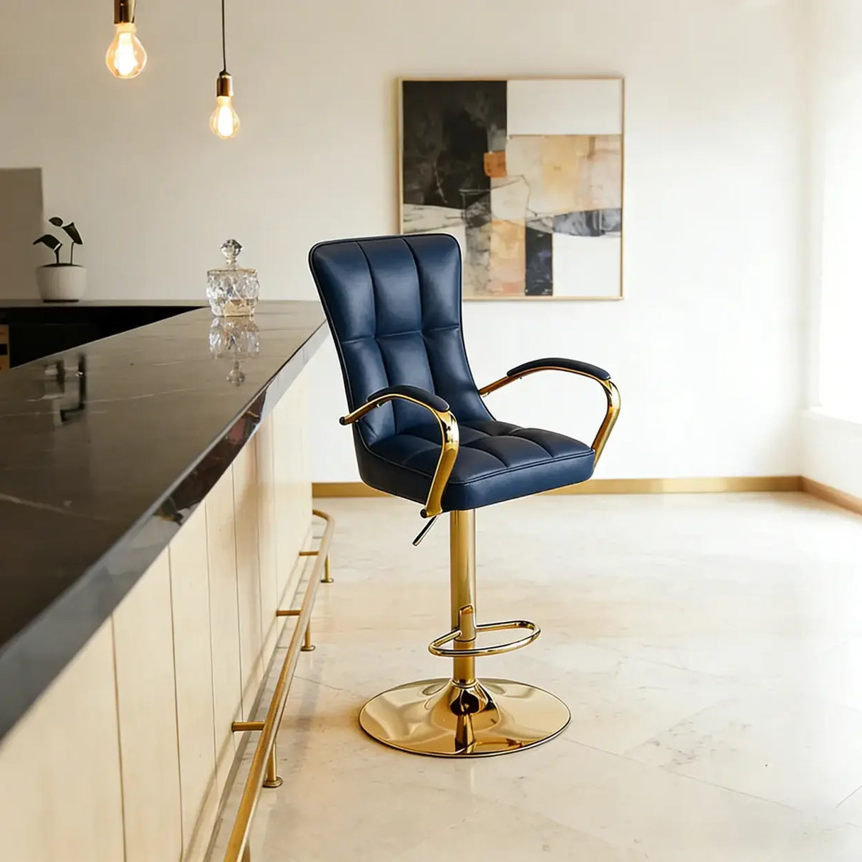 Luxury Adjustable Swivel Faux Leather Bar Stool With Arms Image - 6