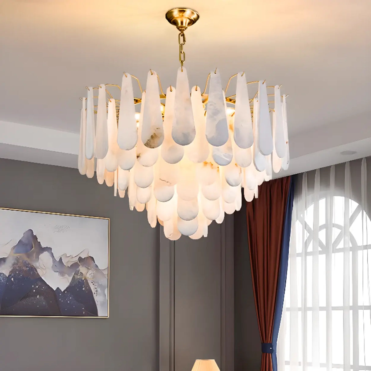 Luxury Alabaster Tiered Teardrop Living Room Chandelier Image - 1