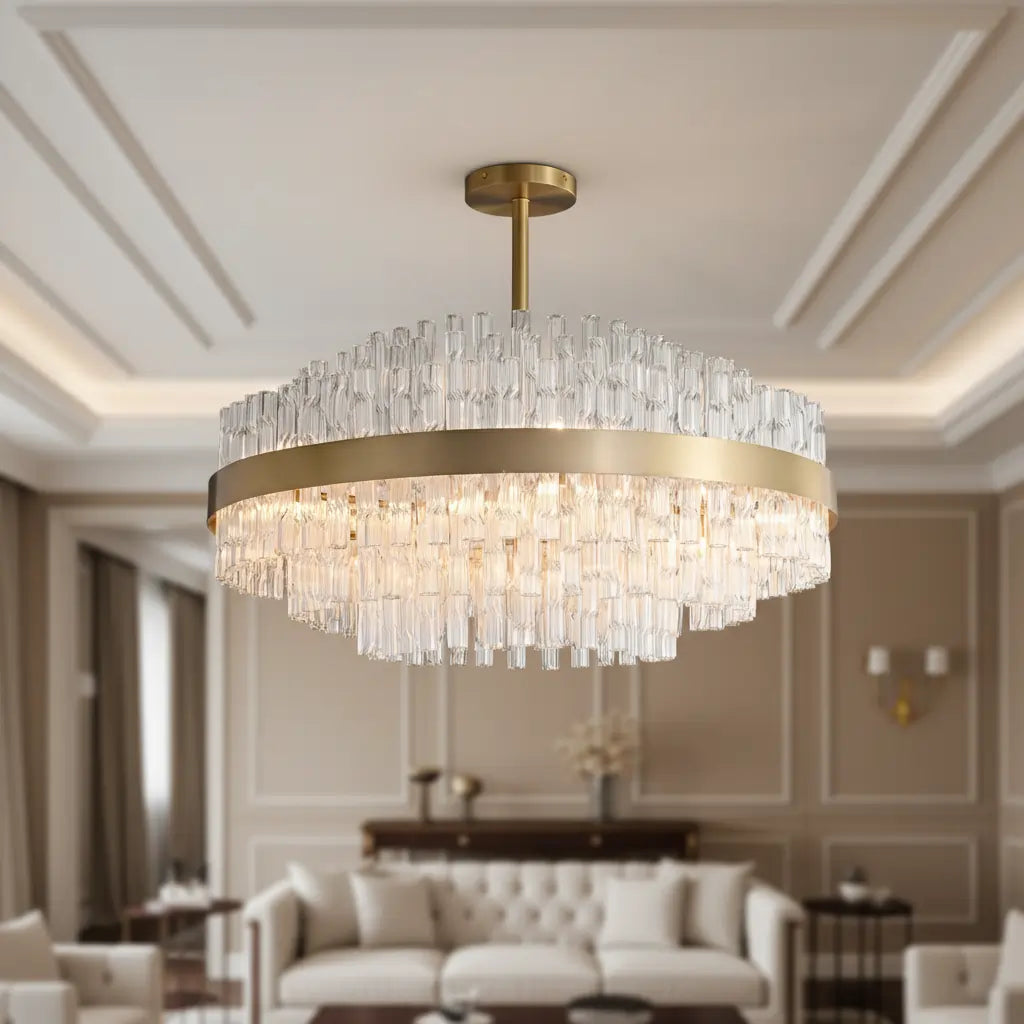 Luxury Brass Tierd Circular Round Clear Crystal Chandelier Image - 9