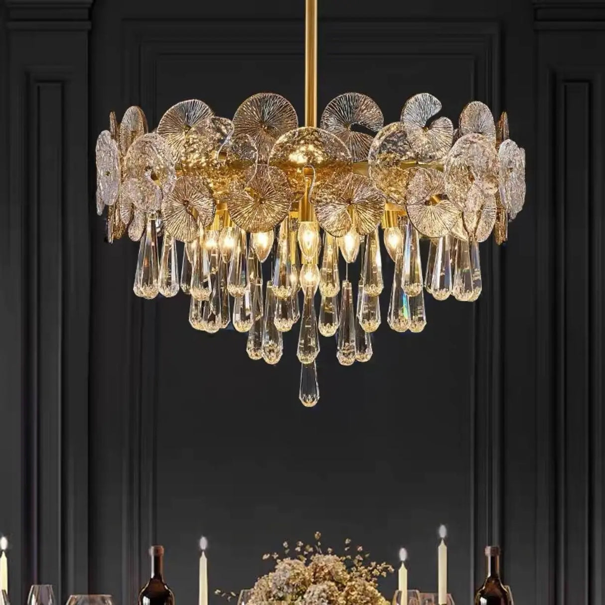 Luxury Brass Tiered Crystal Drops Lotus Leaf Chandelier Image - 1