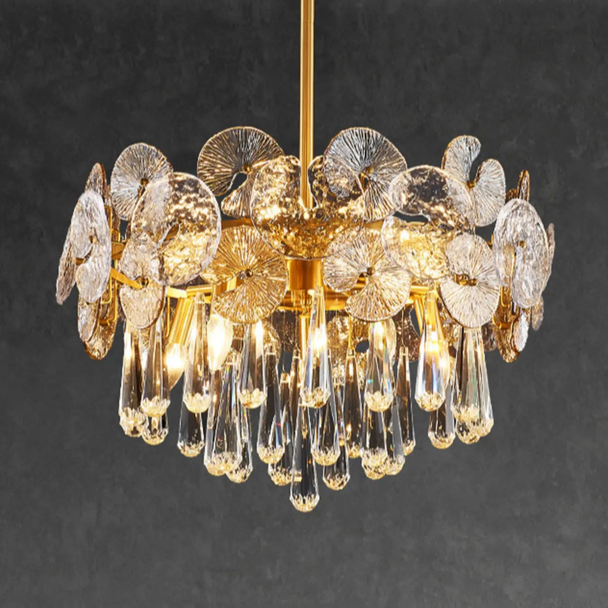 Luxury Brass Tiered Crystal Drops Lotus Leaf Chandelier Image - 5
