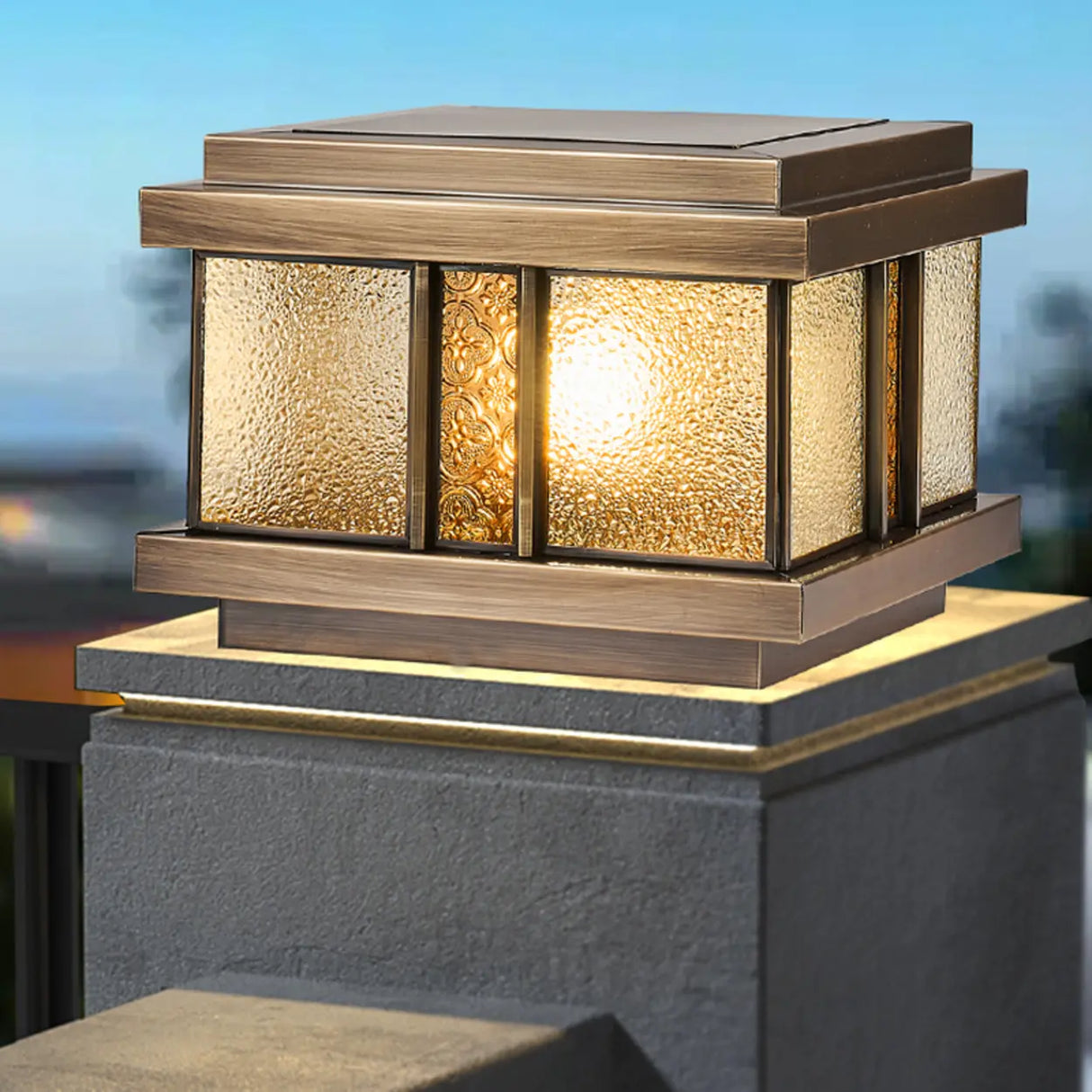 Luxury Bronze Solar Square Metal Outdoor Pillar Light Image - 1