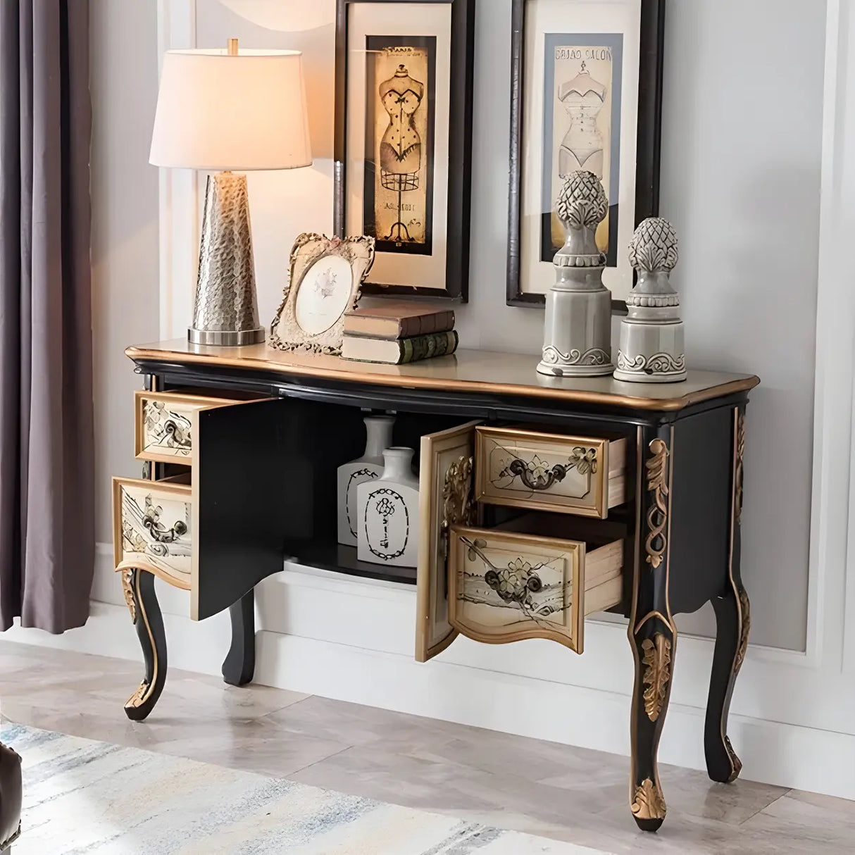 Luxury Brown Birch Wood Cabinet and Drawers Console Table Image - 14