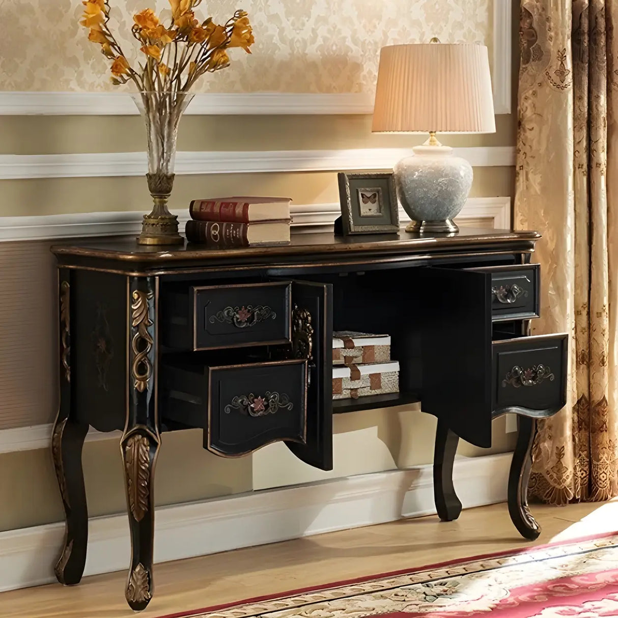 Luxury Brown Birch Wood Cabinet and Drawers Console Table Image - 17