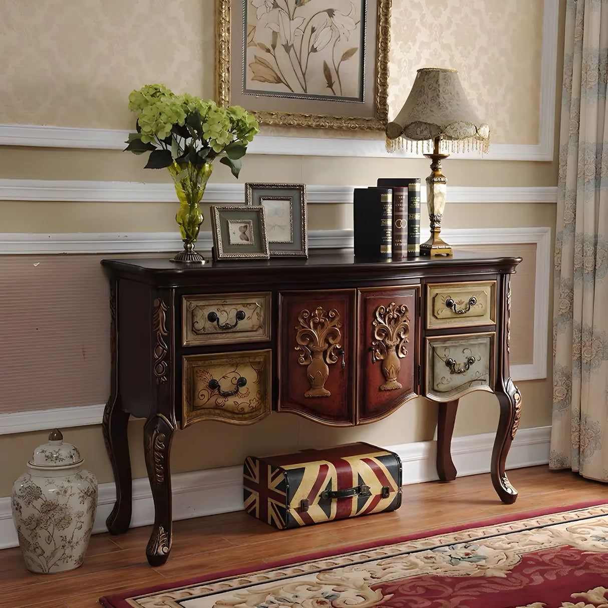 Luxury Brown Birch Wood Cabinet and Drawers Console Table Image - 1
