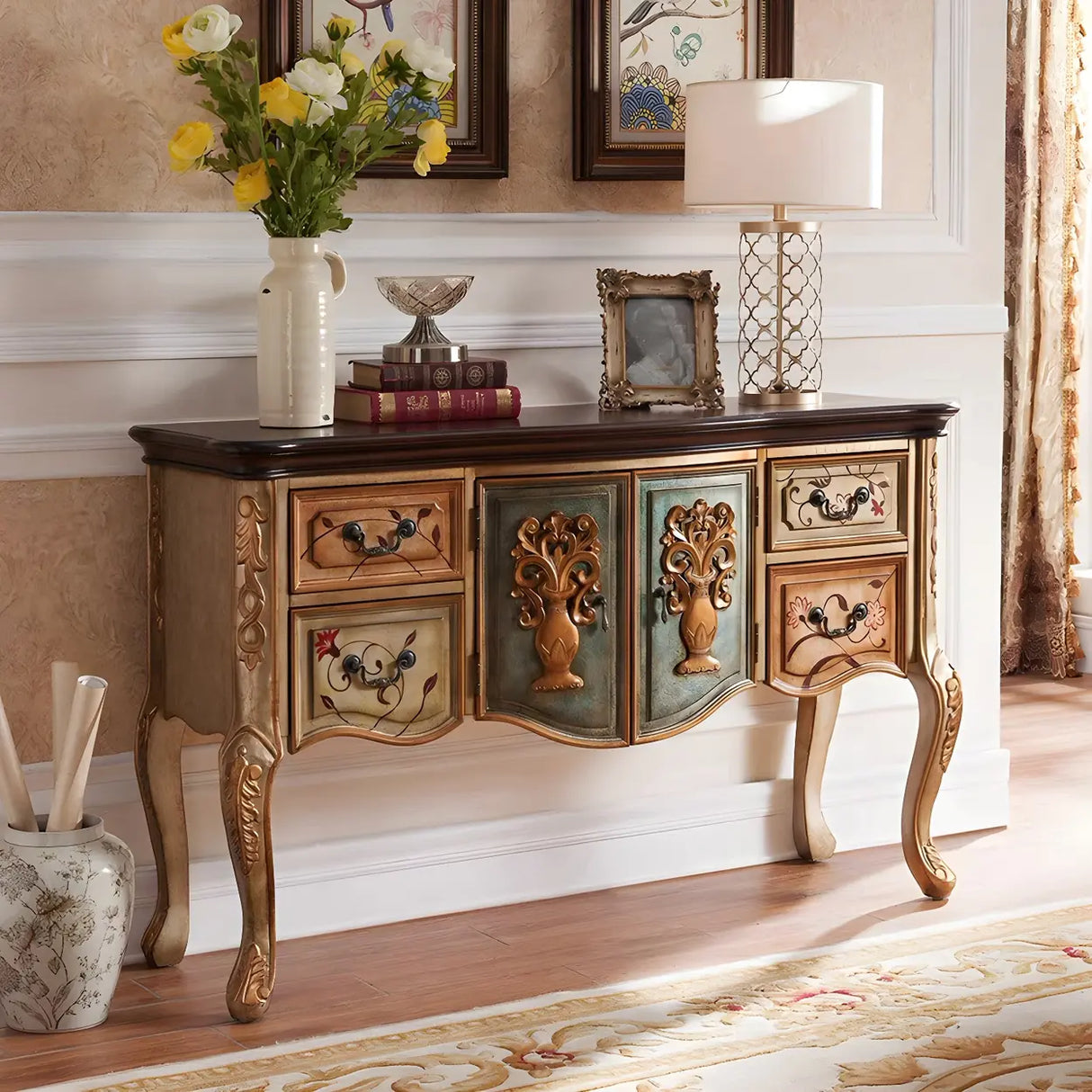 Luxury Brown Birch Wood Cabinet and Drawers Console Table Image - 2