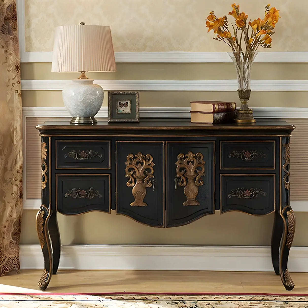 Luxury Brown Birch Wood Cabinet and Drawers Console Table Image - 4
