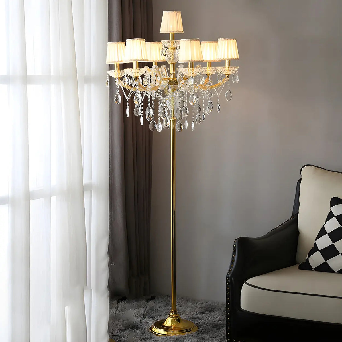 110V-120V Beige Luxury Candle Gold Crystal Chandelier Floor Lamp Image - 10