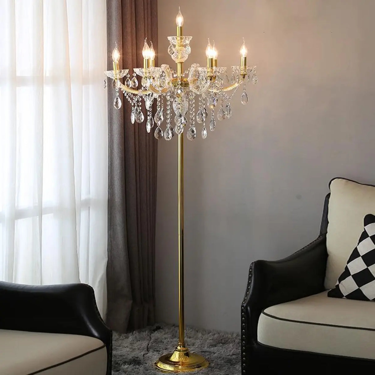 Luxury Candle Gold Crystal Chandelier Floor Lamp Image - 3