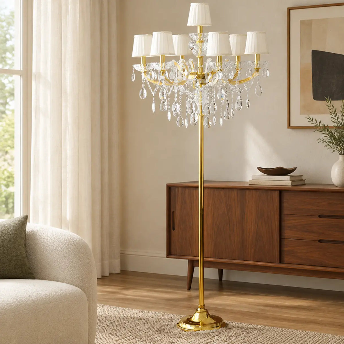 Luxury Candle Gold Crystal Chandelier Floor Lamp Image - 3